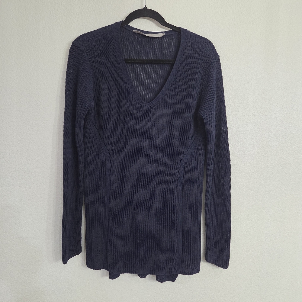 ATHLETA Highline Sweater Tunic Navy V-Neck Rib Knit Cotton/Nylon Size Small